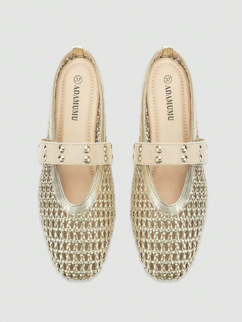 ADAMUMU New Women's Breathable PU Woven Craft Rhinestone Decor Woven Pattern Round Toe Low Vamp Strap Flat Heel Mule Half-Slip Shoes Minimalist Fashion Style Daily Shopping Commuting All Season Black Woven
