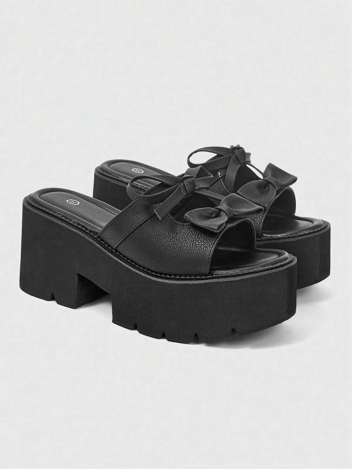 ROMWE Women's Fashion Wedge Heel Platform Sandals, Punk Style Gothic Double Bow Platform Slip-On, Spring, Summer And Autumn Nightclub Party Festival Women's Shoes